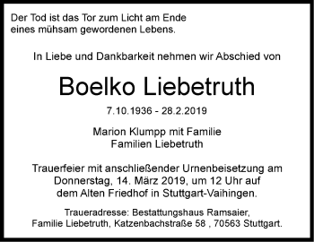 Traueranzeige von Boelko Liebetruth von Stuttgarter Zeitung / Stuttgarter Nachrichten