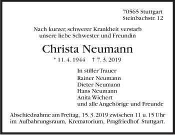 Traueranzeige von Christa Neumann von Stuttgarter Zeitung / Stuttgarter Nachrichten