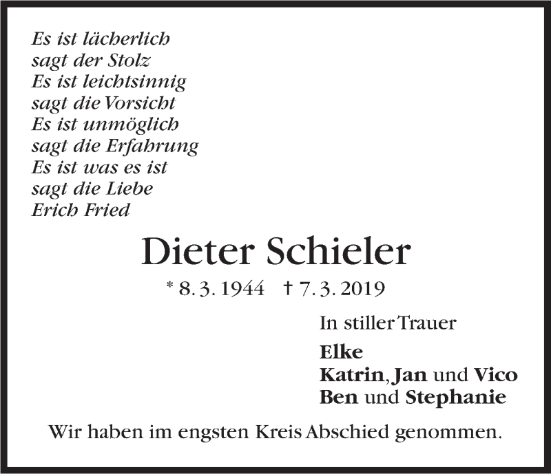  Traueranzeige für Dieter Schieler vom 16.03.2019 aus Stuttgarter Zeitung / Stuttgarter Nachrichten