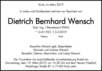 Traueranzeige von Dietrich Bernhard Wensch von Stuttgarter Zeitung / Stuttgarter Nachrichten