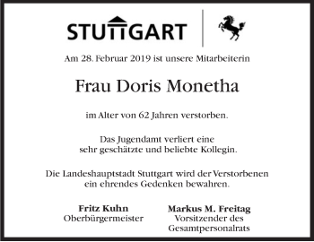 Traueranzeige von Doris Monetha von Stuttgarter Zeitung / Stuttgarter Nachrichten