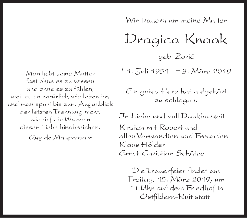  Traueranzeige für Dragica Knaak vom 09.03.2019 aus Stuttgarter Zeitung / Stuttgarter Nachrichten