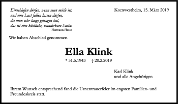 Traueranzeige von Ella Klink von Stuttgarter Zeitung / Stuttgarter Nachrichten