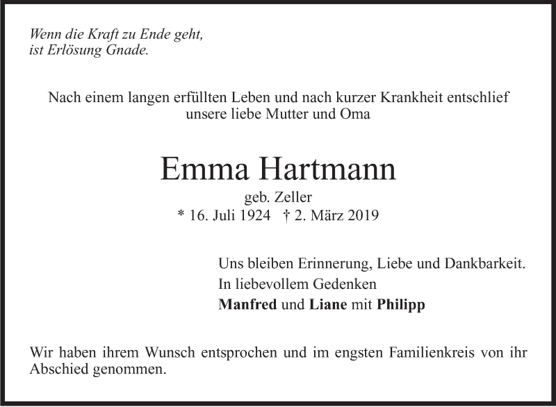  Traueranzeige für Emma Hartmann vom 23.03.2019 aus Stuttgarter Zeitung / Stuttgarter Nachrichten