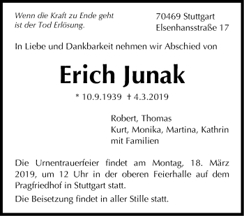 Traueranzeige von Erich Junak von Stuttgarter Zeitung / Stuttgarter Nachrichten