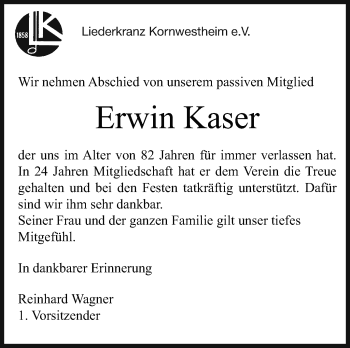 Traueranzeige von Erwin Kaser von Stuttgarter Zeitung / Stuttgarter Nachrichten