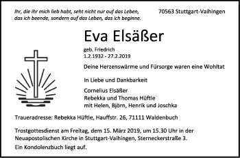 Traueranzeige von Eva Elsäßer von Stuttgarter Zeitung / Stuttgarter Nachrichten