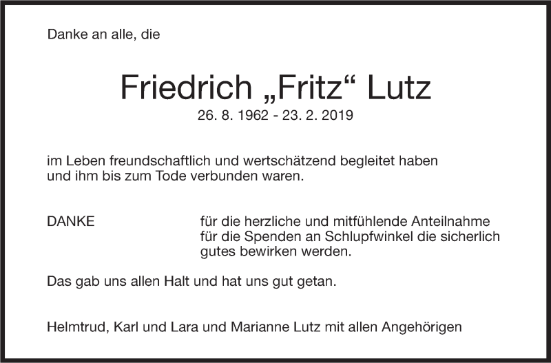  Traueranzeige für Friedrich Lutz vom 23.03.2019 aus Stuttgarter Zeitung / Stuttgarter Nachrichten