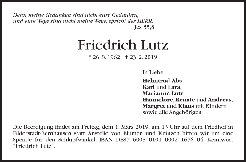  Traueranzeige für Friedrich Lutz vom 26.02.2019 aus Stuttgarter Zeitung / Stuttgarter Nachrichten