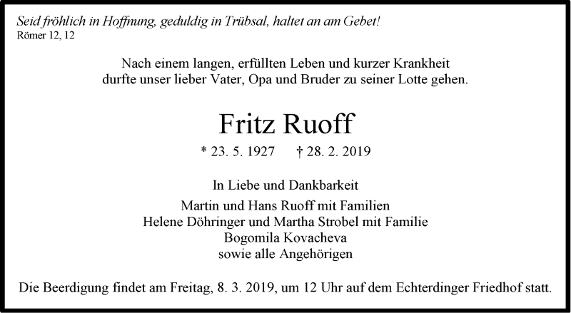  Traueranzeige für Fritz Ruoff vom 05.03.2019 aus Stuttgarter Zeitung / Stuttgarter Nachrichten