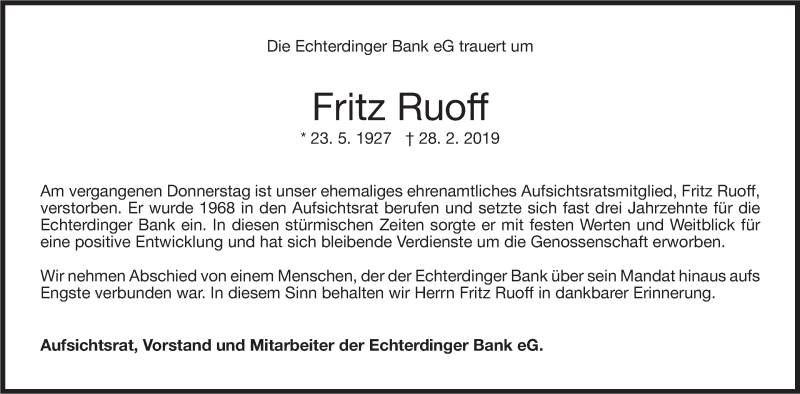  Traueranzeige für Fritz Ruoff vom 06.03.2019 aus Stuttgarter Zeitung / Stuttgarter Nachrichten
