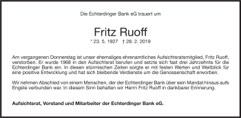 Traueranzeige von Fritz Ruoff von Stuttgarter Zeitung / Stuttgarter Nachrichten