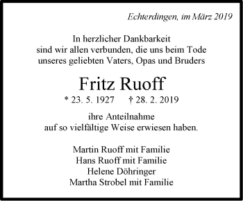 Traueranzeige von Fritz Ruoff von Stuttgarter Zeitung / Stuttgarter Nachrichten