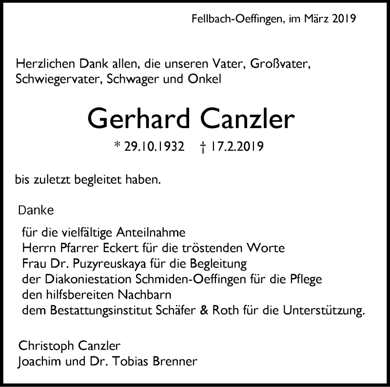  Traueranzeige für Gerhard Canzler vom 09.03.2019 aus Stuttgarter Zeitung / Stuttgarter Nachrichten