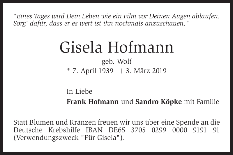  Traueranzeige für Gisela Hofmann vom 09.03.2019 aus Stuttgarter Zeitung / Stuttgarter Nachrichten