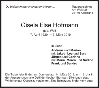 Traueranzeige von Gisela Else Hofmann von Stuttgarter Zeitung / Stuttgarter Nachrichten