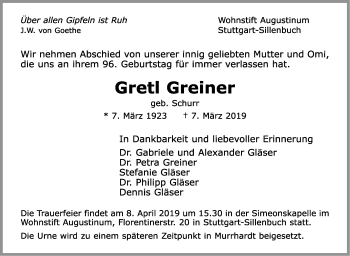 Traueranzeige von Gretl Greiner von Stuttgarter Zeitung / Stuttgarter Nachrichten