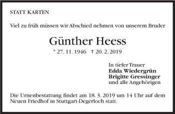 Traueranzeige von Günther Heess von Stuttgarter Zeitung / Stuttgarter Nachrichten