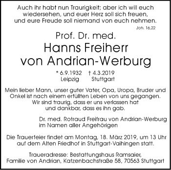 Traueranzeige von Hanns Freiherr von Andrian-Werburg von Stuttgarter Zeitung / Stuttgarter Nachrichten