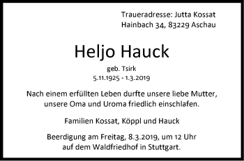 Traueranzeige von Heljo Hauck von Stuttgarter Zeitung / Stuttgarter Nachrichten