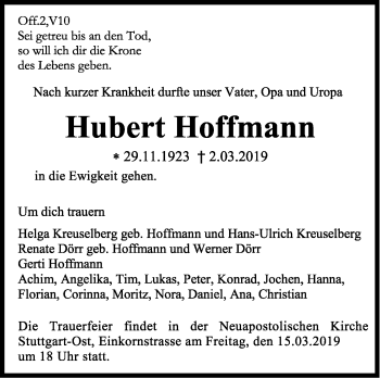 Traueranzeige von Hubert Hoffmann von Stuttgarter Zeitung / Stuttgarter Nachrichten