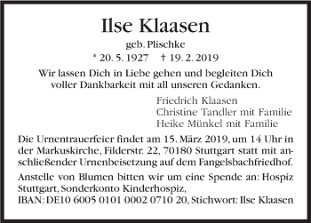 Traueranzeige von Ilse Klaasen von Stuttgarter Zeitung / Stuttgarter Nachrichten