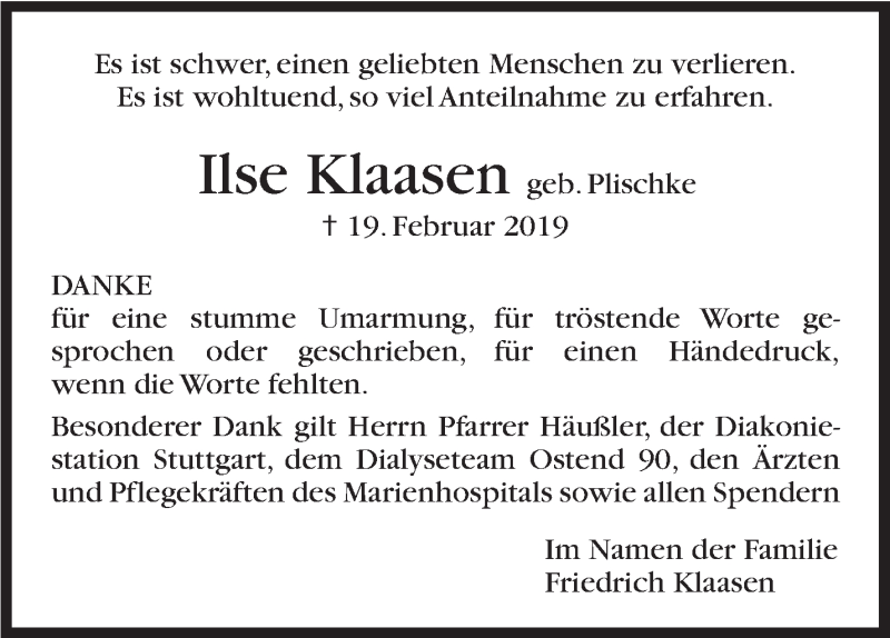  Traueranzeige für Ilse Klaasen vom 01.04.2019 aus Stuttgarter Zeitung / Stuttgarter Nachrichten