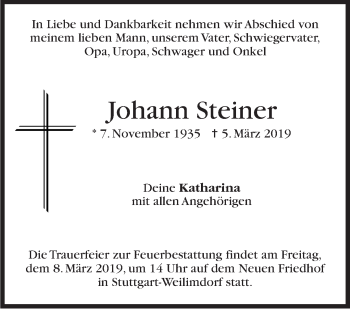 Traueranzeige von Johann Steiner von Stuttgarter Zeitung / Stuttgarter Nachrichten