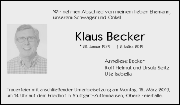 Traueranzeige von Klaus Becker von Stuttgarter Zeitung / Stuttgarter Nachrichten