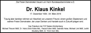 Traueranzeige von Klaus Kinkel von Stuttgarter Zeitung / Stuttgarter Nachrichten