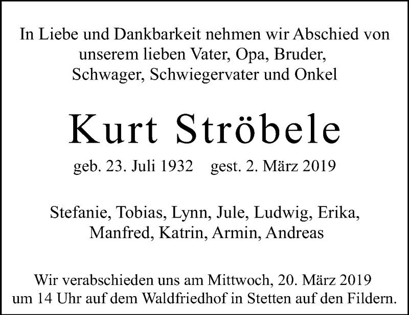  Traueranzeige für Kurt Ströbele vom 15.03.2019 aus Stuttgarter Zeitung / Stuttgarter Nachrichten