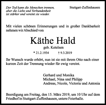 Traueranzeige von Käthe Hald von Stuttgarter Zeitung / Stuttgarter Nachrichten