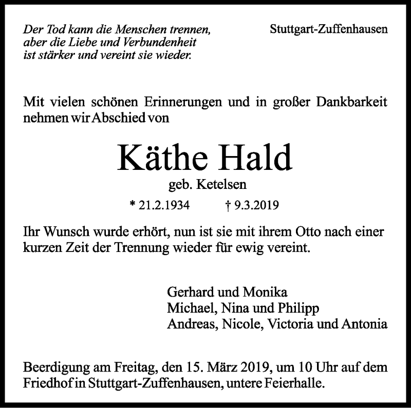  Traueranzeige für Käthe Hald vom 13.03.2019 aus Stuttgarter Zeitung / Stuttgarter Nachrichten