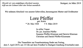 Traueranzeige von Lore Pfeffer von Stuttgarter Zeitung / Stuttgarter Nachrichten