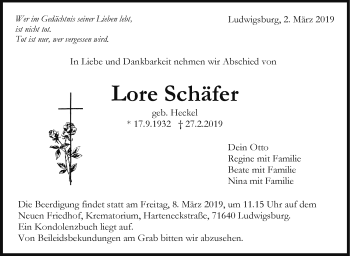 Traueranzeige von Lore Schäfer von Stuttgarter Zeitung / Stuttgarter Nachrichten