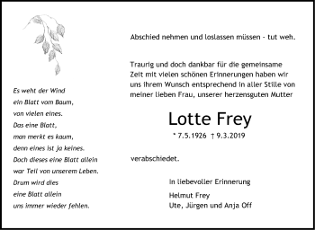Traueranzeige von Lotte Frey von Stuttgarter Zeitung / Stuttgarter Nachrichten