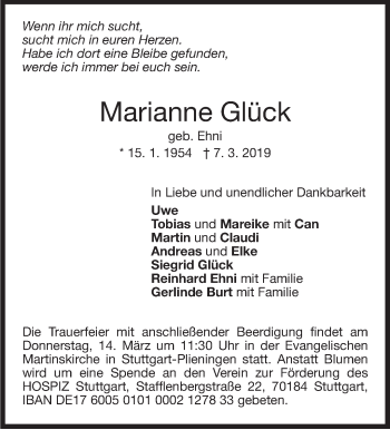 Traueranzeige von Marianne Glück von Stuttgarter Zeitung / Stuttgarter Nachrichten