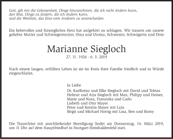 Traueranzeige von Marianne Siegloch von Stuttgarter Zeitung / Stuttgarter Nachrichten