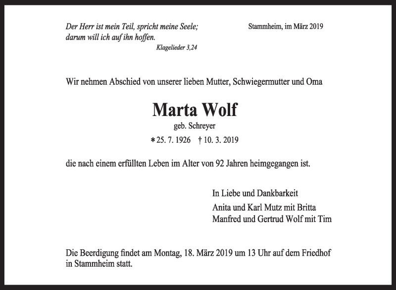  Traueranzeige für Marta Wolf vom 13.03.2019 aus Stuttgarter Zeitung / Stuttgarter Nachrichten