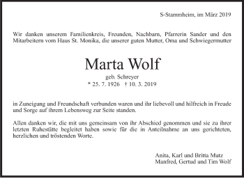Traueranzeige von Marta Wolf von Stuttgarter Zeitung / Stuttgarter Nachrichten