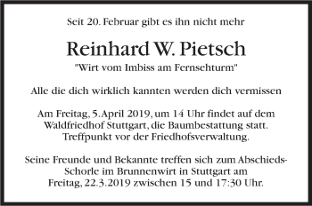Traueranzeige von Reinhard W. Pietsch von Stuttgarter Zeitung / Stuttgarter Nachrichten