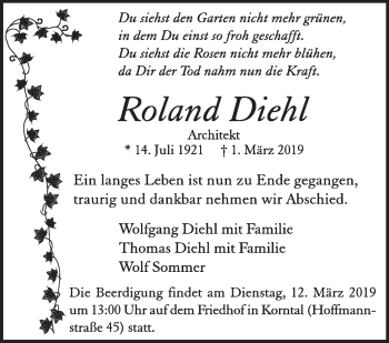 Traueranzeige von Roland Diehl von Stuttgarter Zeitung / Stuttgarter Nachrichten