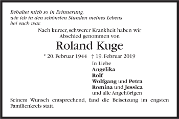 Traueranzeige von Roland Kuge von Stuttgarter Zeitung / Stuttgarter Nachrichten
