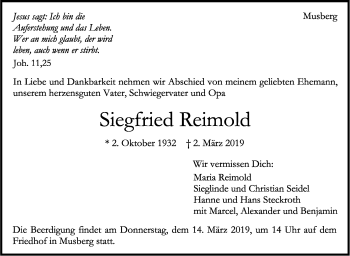 Traueranzeige von Siegfried Reimold von Stuttgarter Zeitung / Stuttgarter Nachrichten