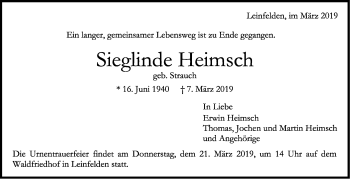Traueranzeige von Sieglinde Heimsch von Stuttgarter Zeitung / Stuttgarter Nachrichten