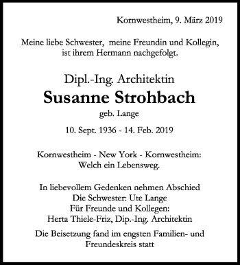 Traueranzeige von Susanne Strohbach von Stuttgarter Zeitung / Stuttgarter Nachrichten