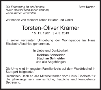 Traueranzeige von Torsten-Oliver Krämer von Stuttgarter Zeitung / Stuttgarter Nachrichten