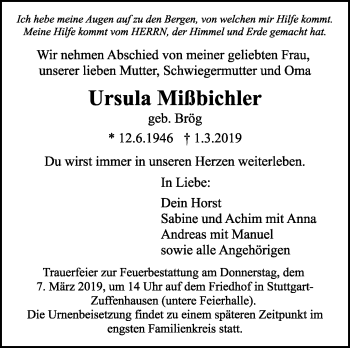 Traueranzeige von Ursula Missbichler von Stuttgarter Zeitung / Stuttgarter Nachrichten