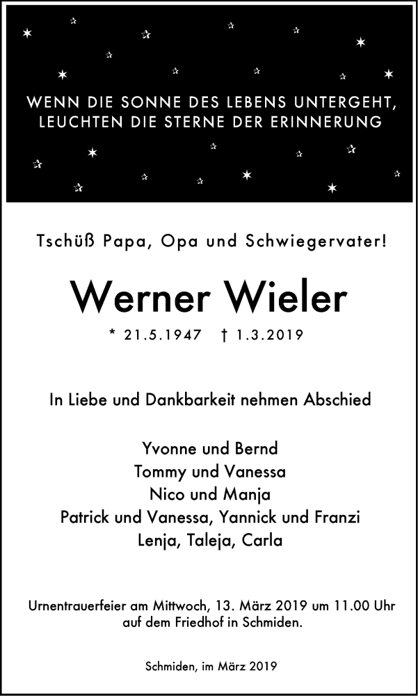  Traueranzeige für Werner Wieler vom 06.03.2019 aus Stuttgarter Zeitung / Stuttgarter Nachrichten