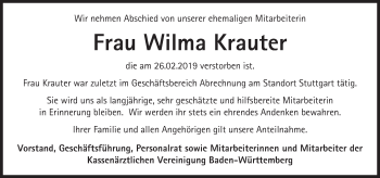 Traueranzeige von Wilma Krauter von Stuttgarter Zeitung / Stuttgarter Nachrichten